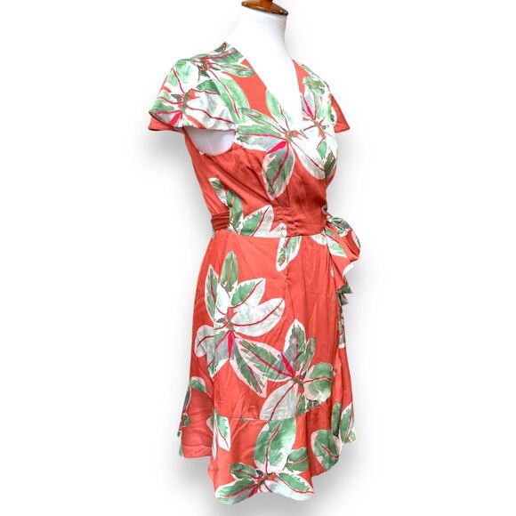 Hutch Womens Britton Wrap Mini Dress Orange Floral Tie Stretch Lined Tropical M - Picture 5 of 10